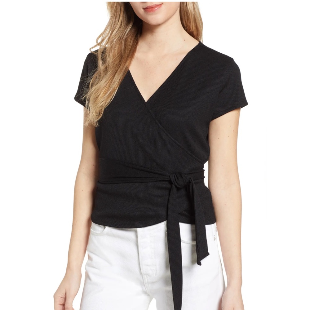 Chelsea28 Black Short Sleeve Ballet Wrap Top
